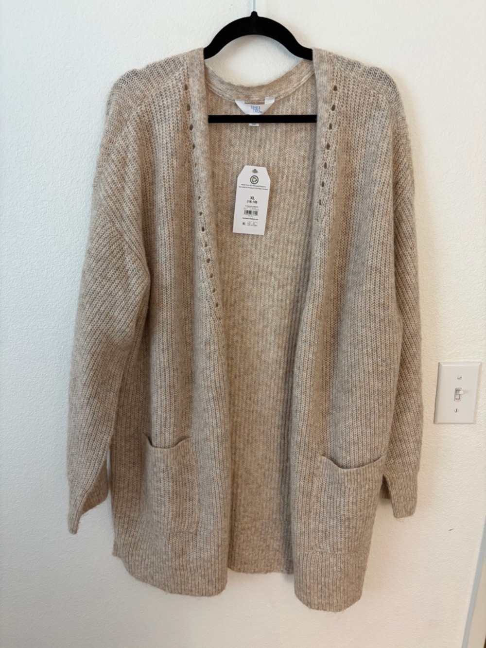 NWT SZ XL (16-18) Cozy Open-Front Beige Knit Cardigan Sweater